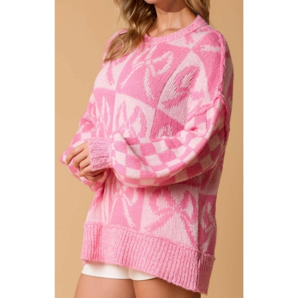 Fantastic Fawn Pink Bow Checkered Chunky Knit Oversized Sweater Womens S